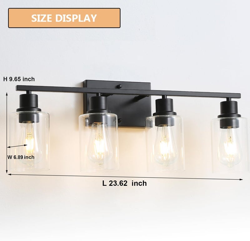 EMONG 4 Light Bathroom Vanity Light 23.6in Matte Black Bathroom Light Fixtures with Glass Shade Modern Wall Sconces Lighting for Bathroom Mirror Farmhouse Hallway - Image 2